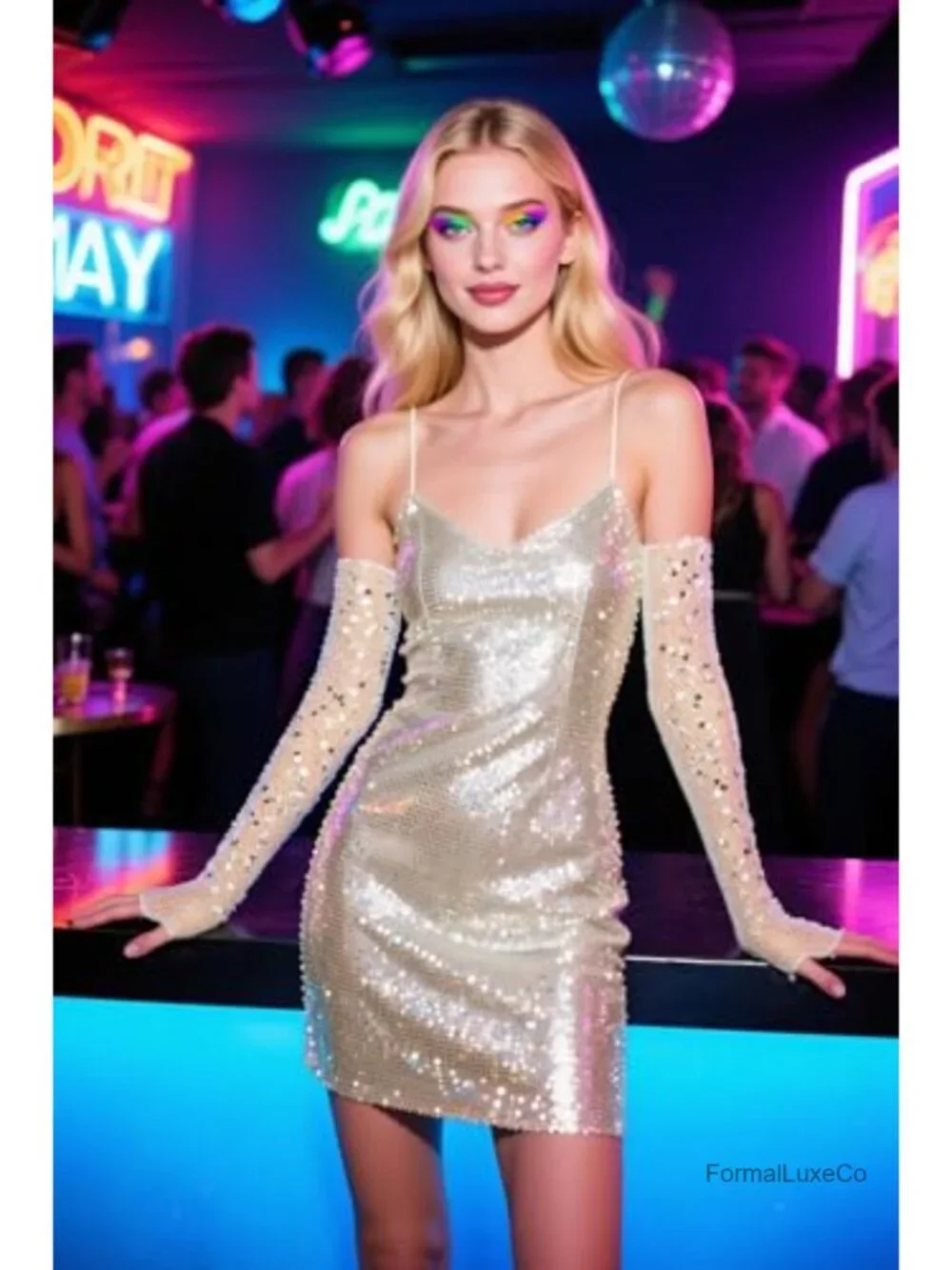 Sequin and Mesh Long Fingerless Gloves Elbow Length Stretchy Opera Gloves